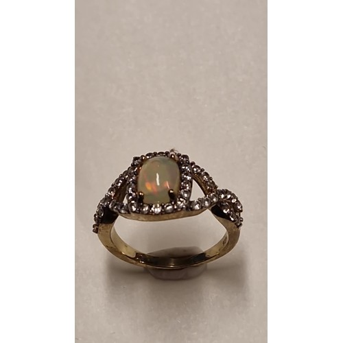 134 - PRETTY SILVER GILT OPAL & WHITE TOPAZ RING - SIZE P - BOXED