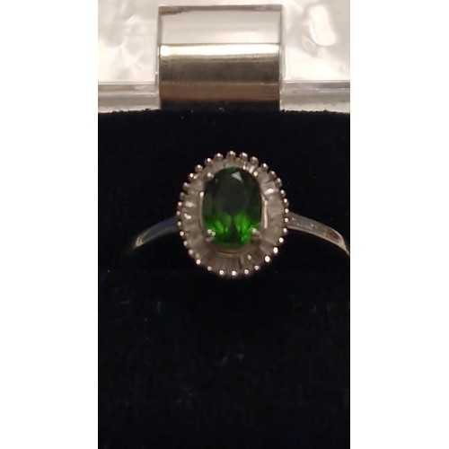 136 - LOVELY SILVER GREEN TORMALINE & DIAMOND RING - SIZE P - BOXED