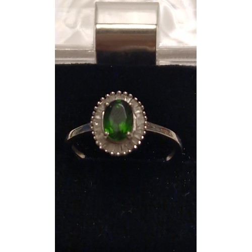 136 - LOVELY SILVER GREEN TORMALINE & DIAMOND RING - SIZE P - BOXED