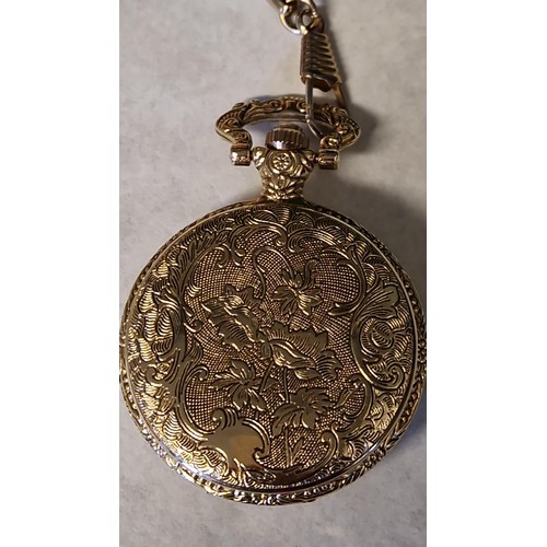 138 - GOLD PLATED POCKET WATCH AND CHAIN - CLOCKS AND WATCHES ARE NOT TESTED