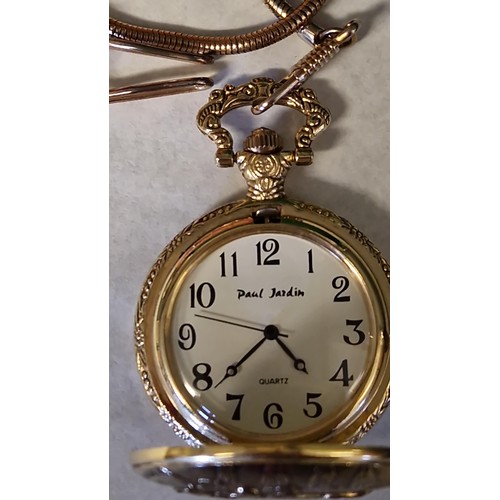 138 - GOLD PLATED POCKET WATCH AND CHAIN - CLOCKS AND WATCHES ARE NOT TESTED