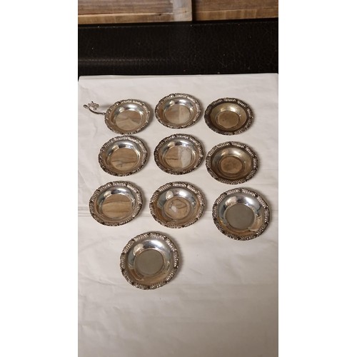 183 - LOVELY SET OF 10 X STACKING AUSTRIAN SILVER DISHES - EACH DISH IS 2.5CMS ACROSS - WEIGHT INC HANDLE ... 