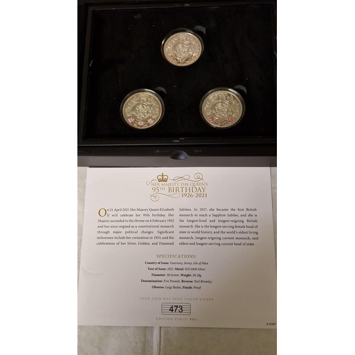 179 - CASED QUEEN ELIZABETH 11 95TH BIRTHDAY SILVER PROOF £5 COIN SET - 473/995 EVER ISSUED - WITH CERTIFI... 