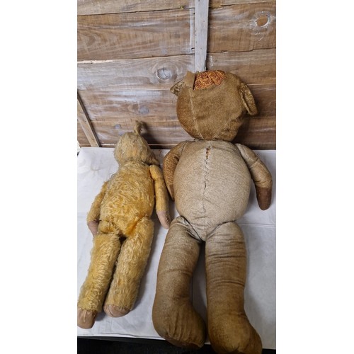 64 - 2  X VINTAGE STRAW FILLED TEDDY BEARS - BOTH NEED TLC AS BEEN VERY WELL LOVED - 55CMS H & 65CMS H