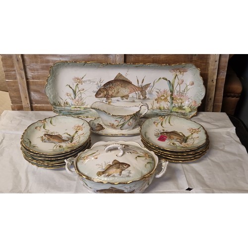 776 - QTY OF BEAUTIFUL EARLY LIMOGES CHINA DEPICTING FISH - LARGE LONG DISH MEASURES 63XMS X 23CMS - PLATE... 