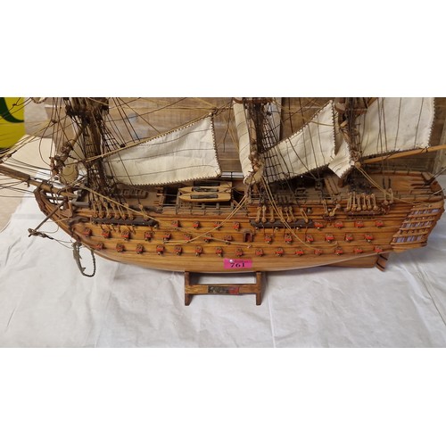 761 - LOVELY LARGE WOODEN MODEL OF HMS VICTORY - APRROX 74CMS X 57CMS - COLLECTION ONLY OR ARRANGE OWN COU... 