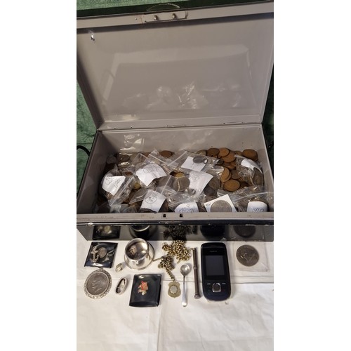 245 - TIN OF MAINLY BRITISH COINS INC COMMEMORATIVE ETC & MOBILE PHONE & SOME SILVER ITEMS