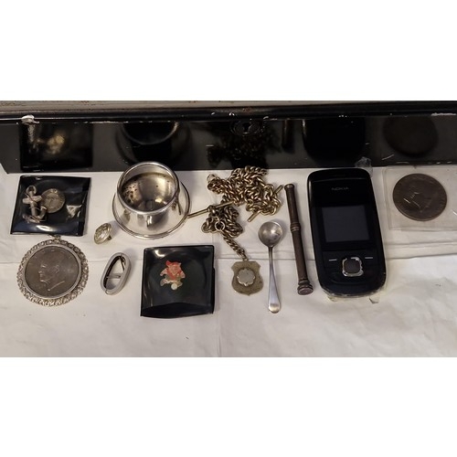 245 - TIN OF MAINLY BRITISH COINS INC COMMEMORATIVE ETC & MOBILE PHONE & SOME SILVER ITEMS