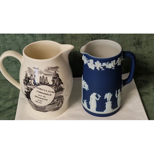 268 - 2 X WEDGWOOD JUGS - AGRICULTURE COMMERCE AND THE FREEDOM OF THE SEAS JUG & BLUE AND WHITE WEDGWOOD J... 