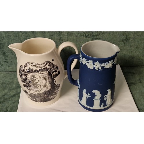 268 - 2 X WEDGWOOD JUGS - AGRICULTURE COMMERCE AND THE FREEDOM OF THE SEAS JUG & BLUE AND WHITE WEDGWOOD J... 