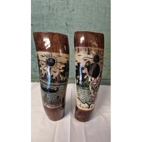 276 - PAIR OF DECORATED AFRICAN HORNS - 25CMS H