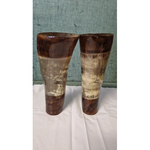 276 - PAIR OF DECORATED AFRICAN HORNS - 25CMS H