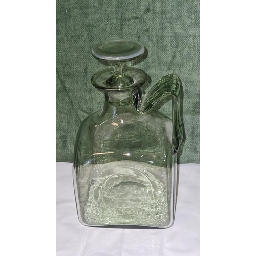 281 - LOVELY WHITEFRIARS ANGLED HANDLE DECANTER WITH FLAT STOPPER IN SEA GREEN - DESIGNED BY HARRY POWELL ... 