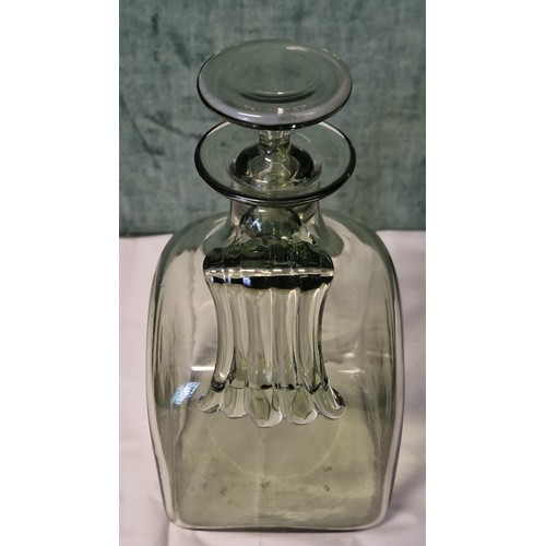 281 - LOVELY WHITEFRIARS ANGLED HANDLE DECANTER WITH FLAT STOPPER IN SEA GREEN - DESIGNED BY HARRY POWELL ... 