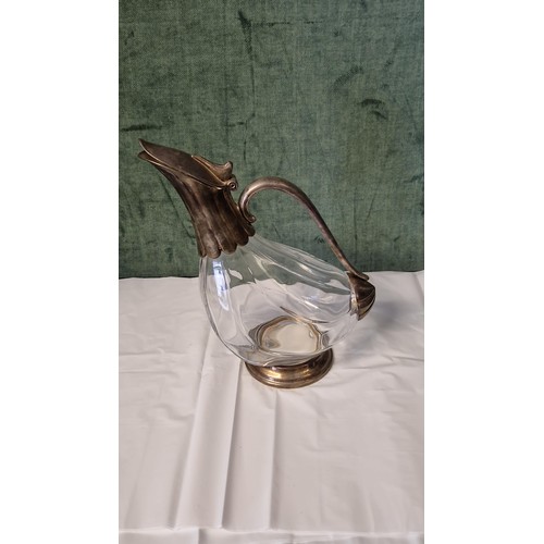 283 - LOVELY VINTAGE CRYSTAL GLASS & SILVER PLATE DUCK SHAPED DECANTER WITH HINGED LID  - 25CMS H