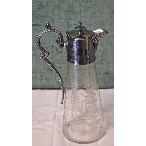 284 - LOVELY EARLY ETCHED GLASS CLARET JUG - 30CMS H
