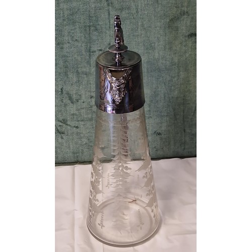 284 - LOVELY EARLY ETCHED GLASS CLARET JUG - 30CMS H