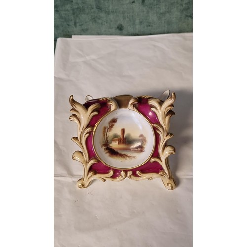 320 - BEAUTIFUL EARLY 19TH / 20TH CENTURY PORCELAIN WATCH HOLDER WITH A SILVER POCKET WATCH AWW & CO - 12C... 