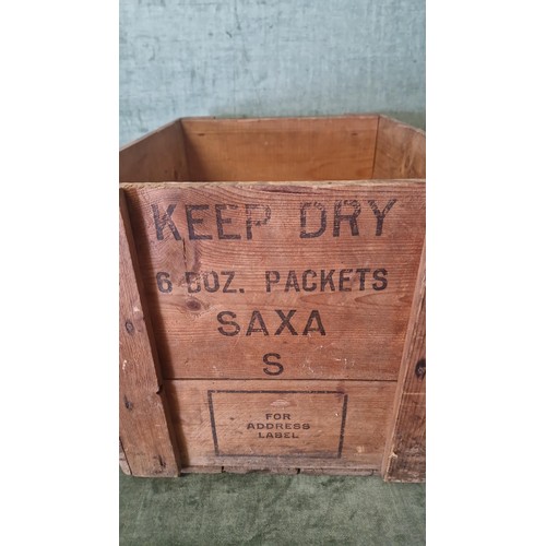 419 - VINTAGE WOODEN ADVERTISING CRATE SAXA SALT - 41CMS X 32CMS X 31CMS H