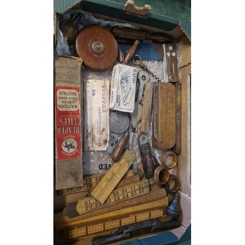 BOX OF LOVELY INTERESTING MIXED VINTAGE TREEN TOOLS ETC