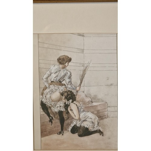 74 - FRAMED & GLAZED EARLY FRENCH SAUCY LITHOGRAPH - 33CMS X 39CMS