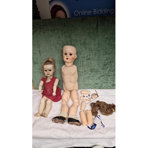 111 - 2 X VINTAGE DOLLS MARKED BELGIUM ON BACK OF NECKS - BOTH FOR SPARES OR REPAIR -  51 CMS LONG & 70CMS... 