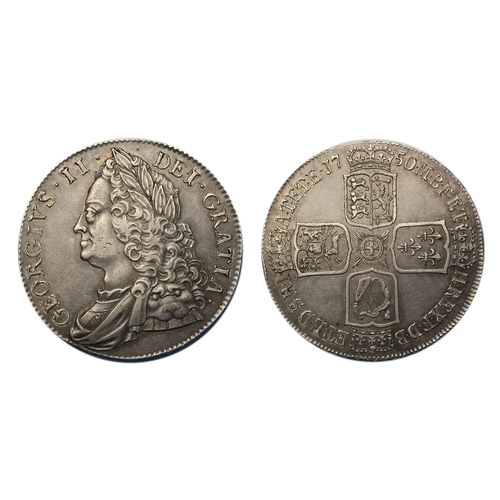 138 - George II (1727-1760)

Crown, 1750, old laureate bust left, rev. crowned cruciform shields, angles p... 