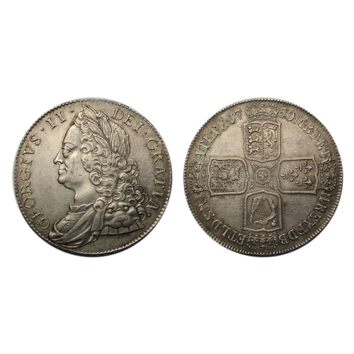 139 - George II (1727-1760)

Crown, 1750, old laureate bust left, rev. crowned cruciform shields, angles p... 