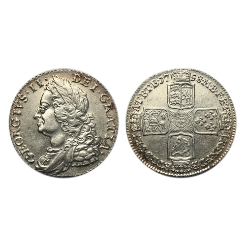 140 - George II (1727-1760)

Shilling, 1758, laureate bust left, rev. crowned cruciform shields, angles pl... 