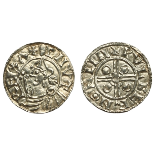 121 - Cnut (1016-1035) Penny, pointed helmet type Lincoln, moneyer Wulfbeorn, helmeted bust left holding s... 