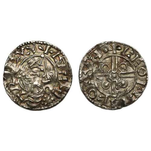 123 - Cnut (1016-1035) Penny, pointed helmet type London, moneyer Leofpine, helmeted bust left holding sce... 
