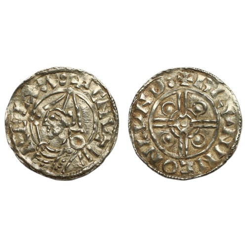 124 - Cnut (1016-1035) Penny, pointed helmet type London, moneyer Bruninc, helmeted bust left holding scep... 