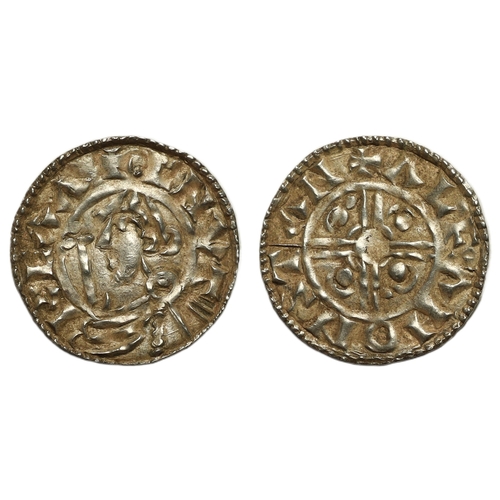 125 - Cnut (1016-1035) Penny, pointed helmet type Stamford, moneyer Alfan, helmeted bust left holding scep... 