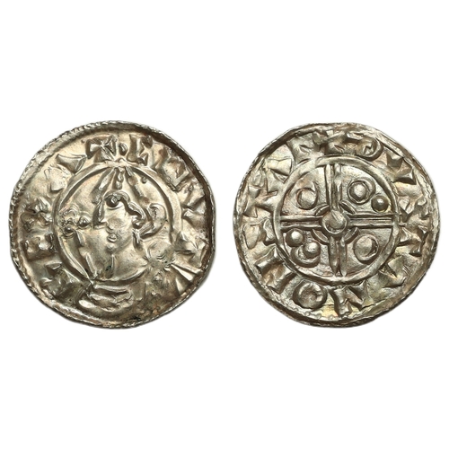 126 - Cnut (1016-1035) Penny, pointed helmet type Stamford, moneyer Thurstan, helmeted bust left holding s... 