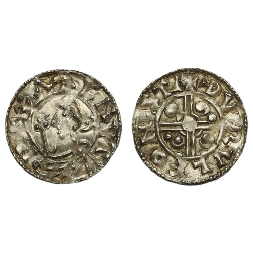 127 - Cnut (1016-1035) Penny, pointed helmet type Stamford, moneyer Thurulf, helmeted bust left holding sc... 