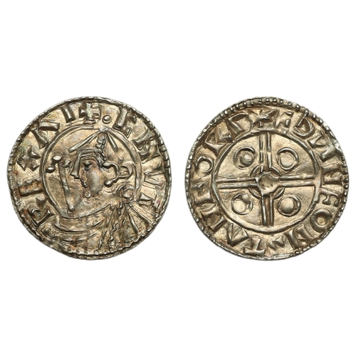 128 - Cnut (1016-1035) Penny, pointed helmet type Stamford, moneyer Eadwine, helmeted bust left holding sc... 