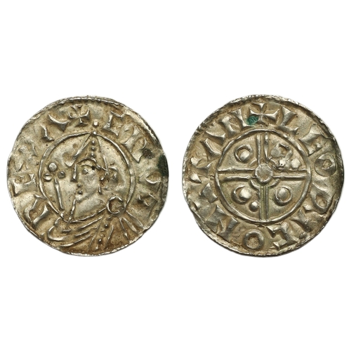 129 - Cnut (1016-1035) Penny, pointed helmet type Stamford, moneyer Leofric, helmeted bust left holding sc... 