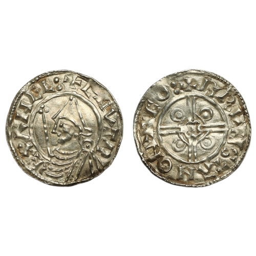 130 - Cnut (1016-1035) Penny, pointed helmet type Thetford, moneyer Brunstan, helmeted bust left holding s... 