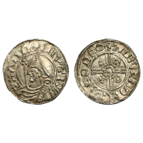 132 - Cnut (1016-1035) Penny, pointed helmet type Thetford, moneyer Tidred, helmeted bust left holding sce... 