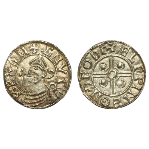 133 - Cnut (1016-1035) Penny, pointed helmet type Thetford, moneyer Ælfwine, helmeted bust left holding sc... 