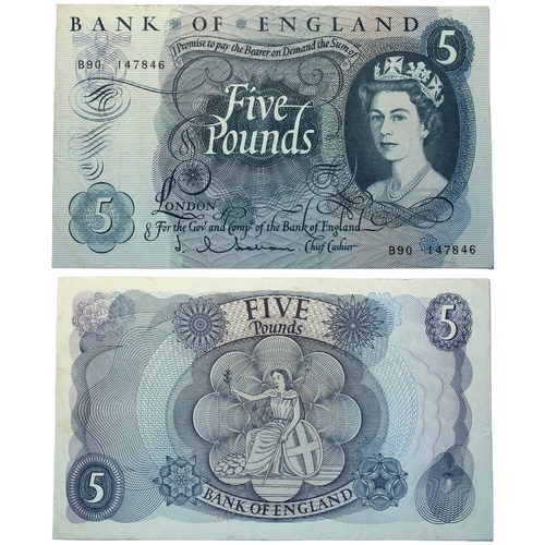 361 - Bank of England (4) Five Pounds J.Q. Hollom (2), 21st February 1963, prefixes B15 and B90, (Dugg. B2... 