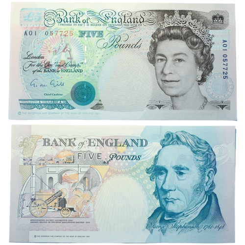 370 - Bank of England (7) Ten Pounds and Five Pounds G.M. Gill, Five Pounds, prefix A01 first run, (Dugg. ... 