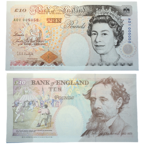 370 - Bank of England (7) Ten Pounds and Five Pounds G.M. Gill, Five Pounds, prefix A01 first run, (Dugg. ... 