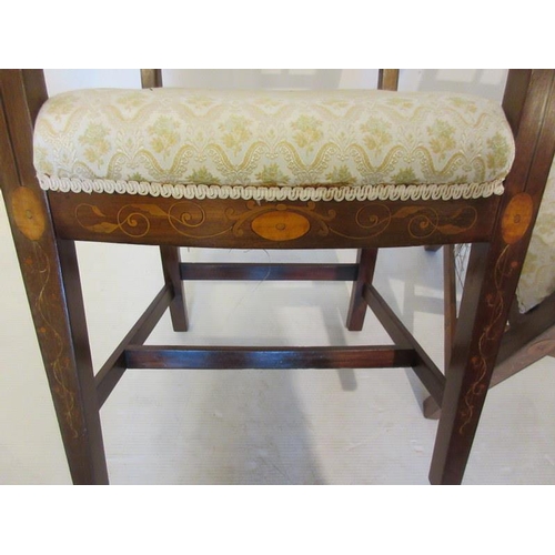 114 - Pair of fine antique inlaid mahogany open arm chairs having bar backs and raised on tapered legs wit... 