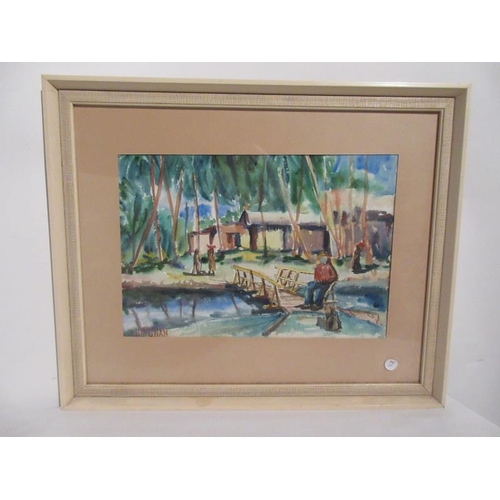 124 - Edwin Hingwan (18932-1975),
Caribbean village scene with figures,
Watercolour,
Signed, 
10 1/2 