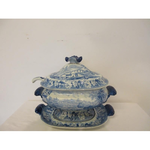 127 - A good 19th century English blue & white china tureen complete with cover, ladle and base plate - st... 