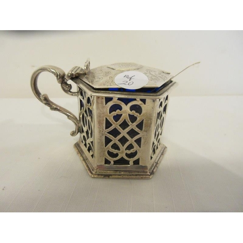 148 - English silver mustard pot and spoon with blue glass liner. London 1842.