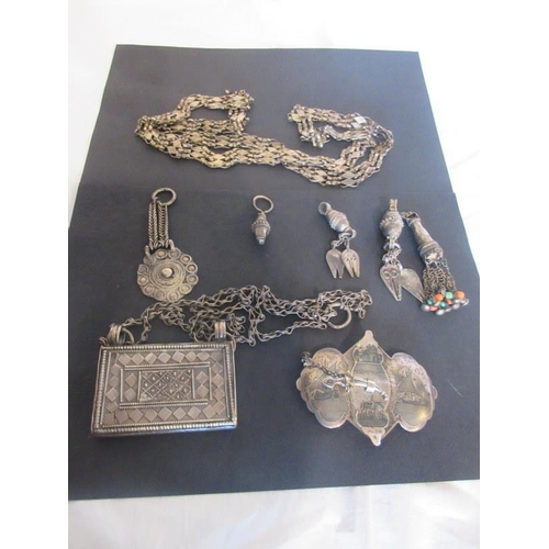 151 - A mixed lot - Omam prayer book and neck chain, a long chain and other head jewellery and a finely en... 