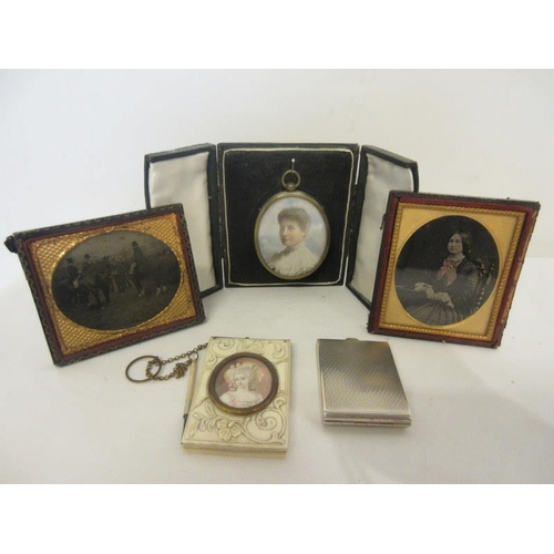 155 - Mixed lot - miniature portrait cased, ladies ivory dance engagement note book, two early photographs... 