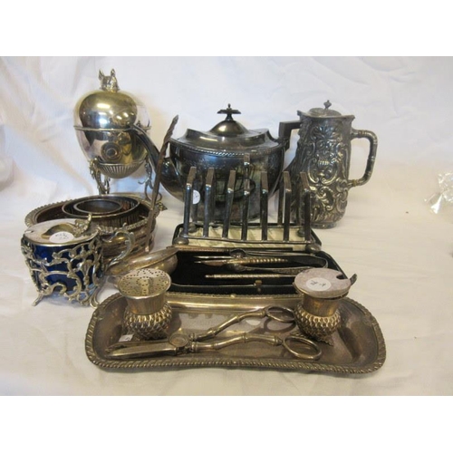 169 - Mixed lot of plated ware - tea pot, wine coasters, toast rack, etc.